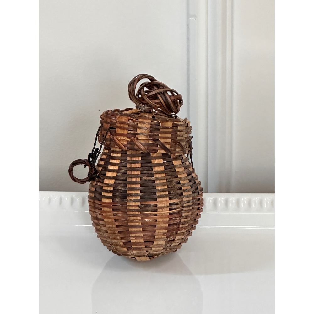 Vintage Miniature Woven Wicker Basket with Lid Brown Two Tone Decorative Trinket